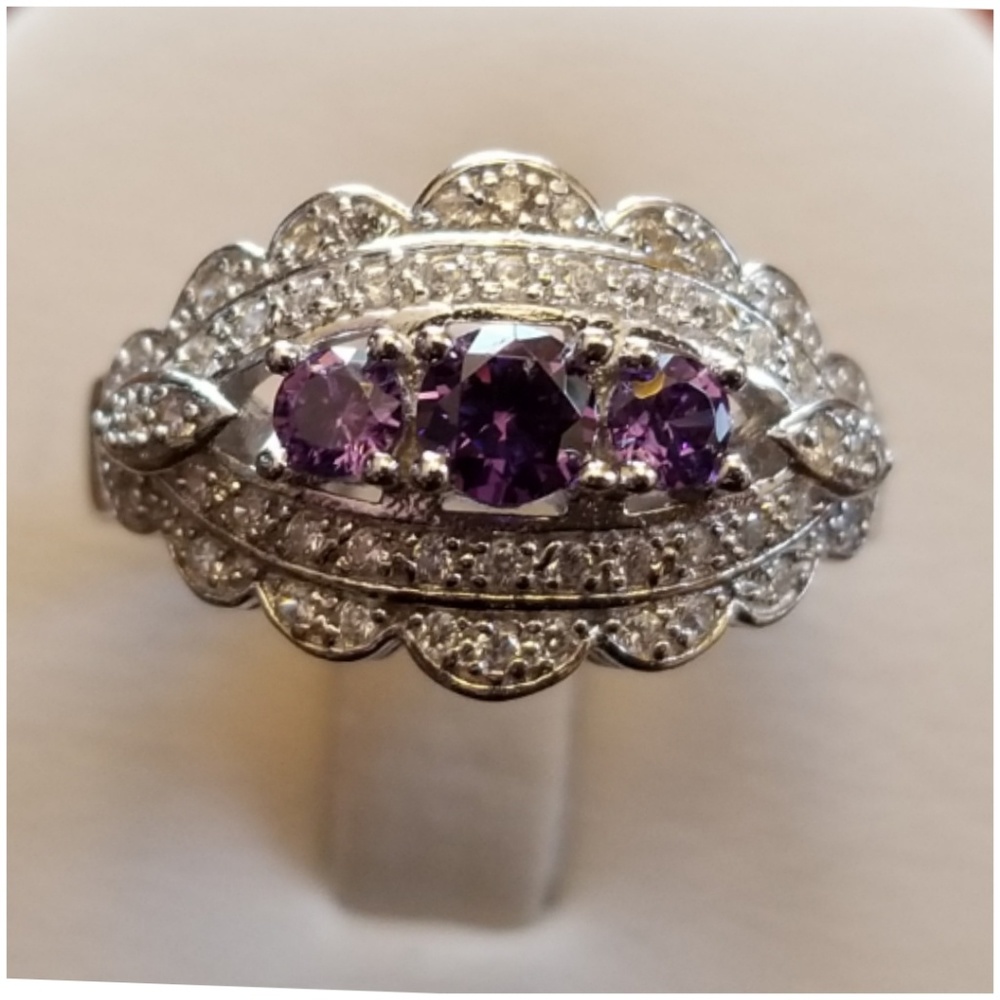 Genuine 3ct Amethyst & White Sapphire Pave Ring 6